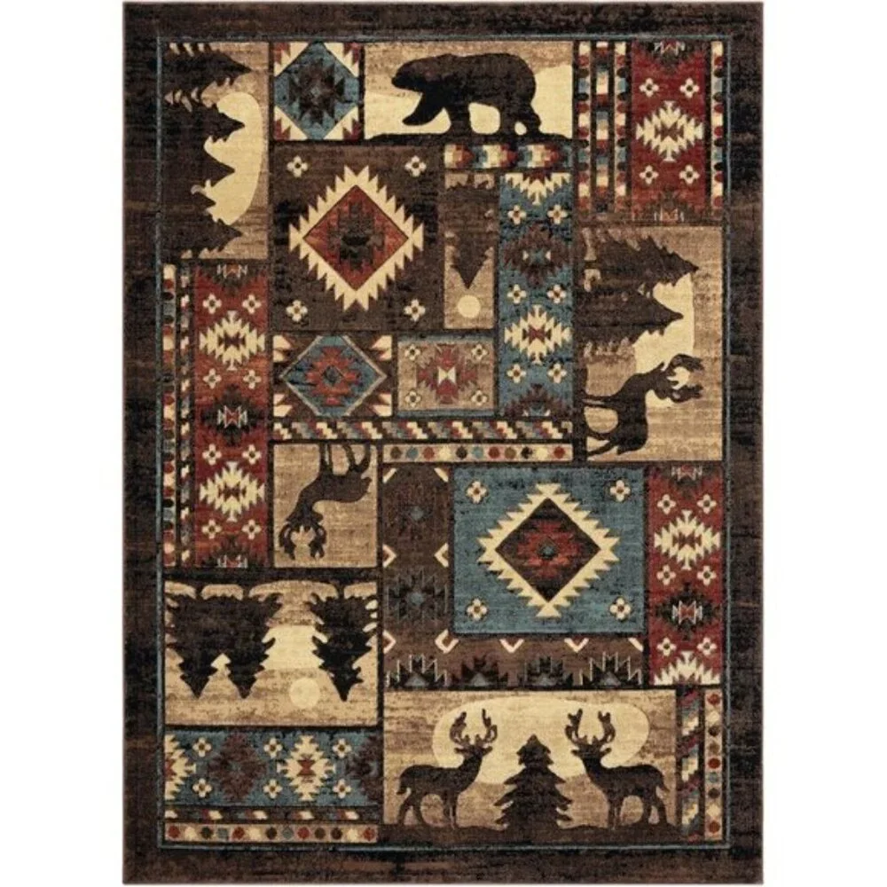 New 5.2x7.2 Buffalo Bear Rustic Area Rug, Brown Red Carpet for Home